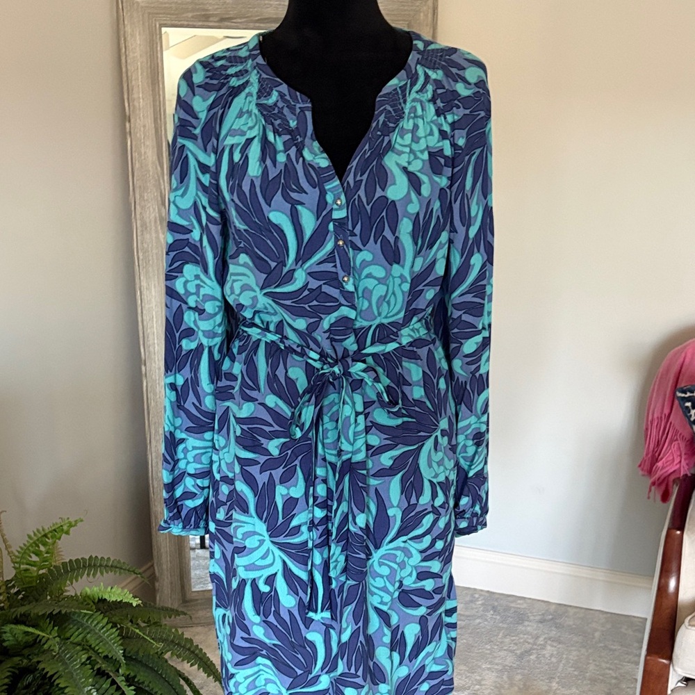 Blue & Teal Floral Tie-Waist Dress